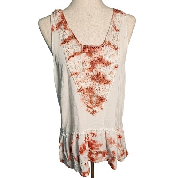 No Tag Tops - Women's Rayon White and Red Brown Sleeveless Top with crochet and peplum ruffle